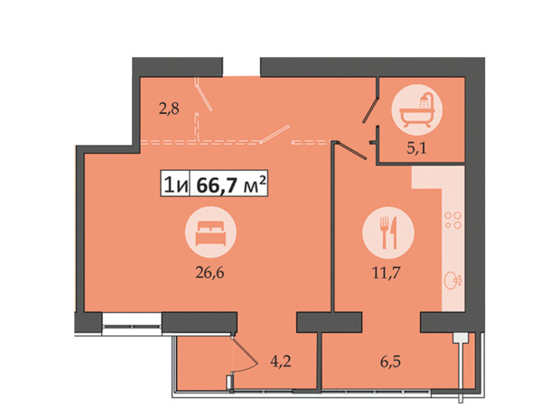 ЖК Дніпровська Брама 2: планування 1-кімнатної квартири 66.7 м²