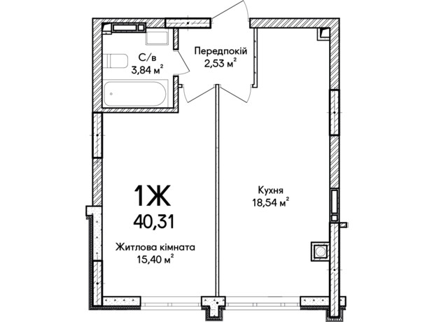 ЖК Синергия Сити: планировка 1-комнатной квартиры 41 м²