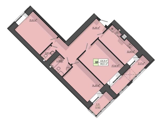 ЖК Львовский: планировка 3-комнатной квартиры 91.5 м²