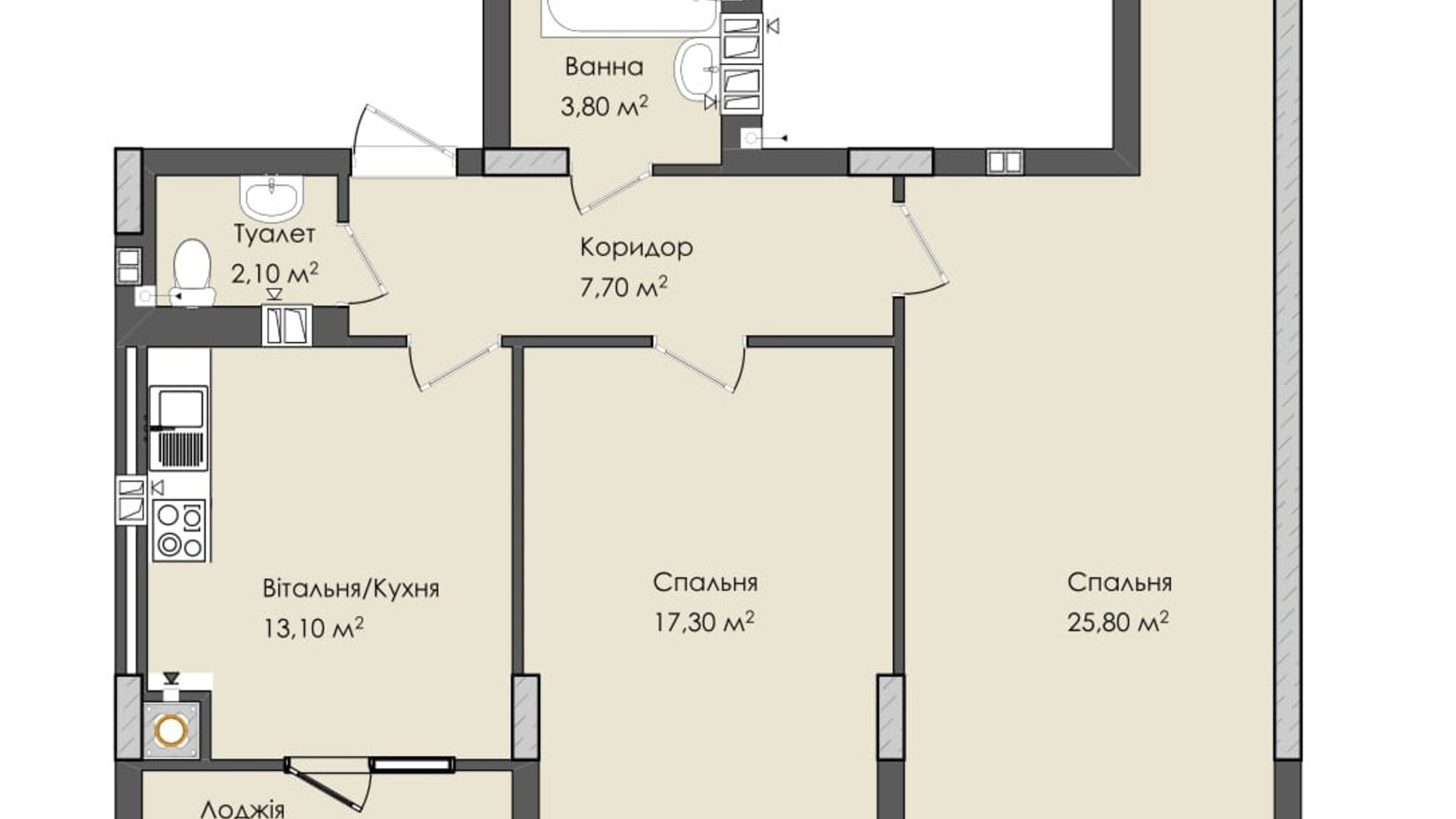Планування 2-кімнатної квартири в ЖК Комфорт Плюс 74.5 м², фото 683976