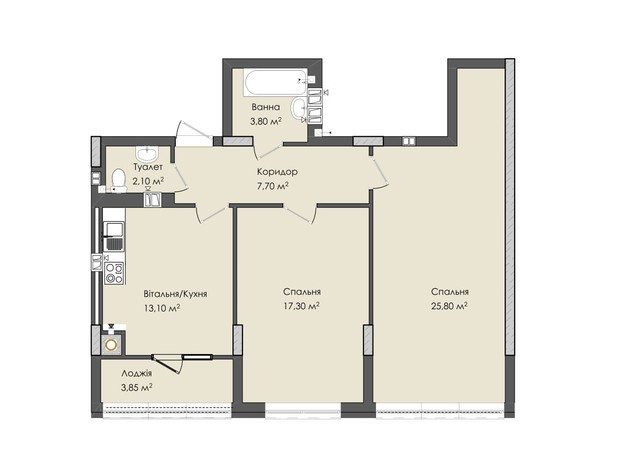 ЖК Комфорт Плюс: планировка 2-комнатной квартиры 74.5 м²