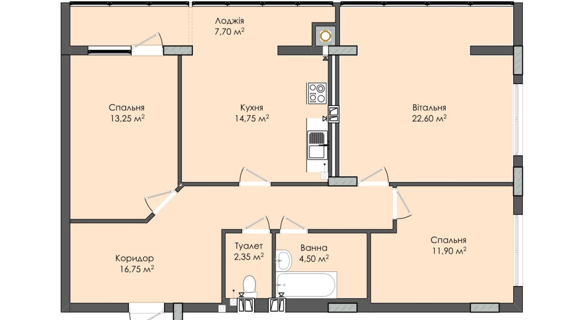 Планировка 3-комнатной квартиры в ЖК Комфорт Плюс 93.8 м², фото 683977