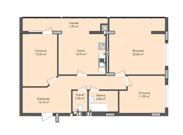 ЖК Комфорт Плюс: планировка 3-комнатной квартиры 93.8 м²