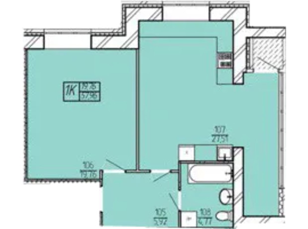 ЖК Амстердам: планування 1-кімнатної квартири 57.96 м²