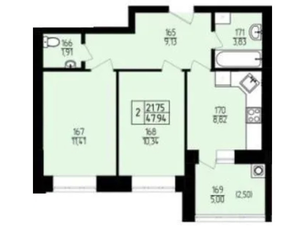 ЖК Амстердам: планировка 2-комнатной квартиры 47.94 м²