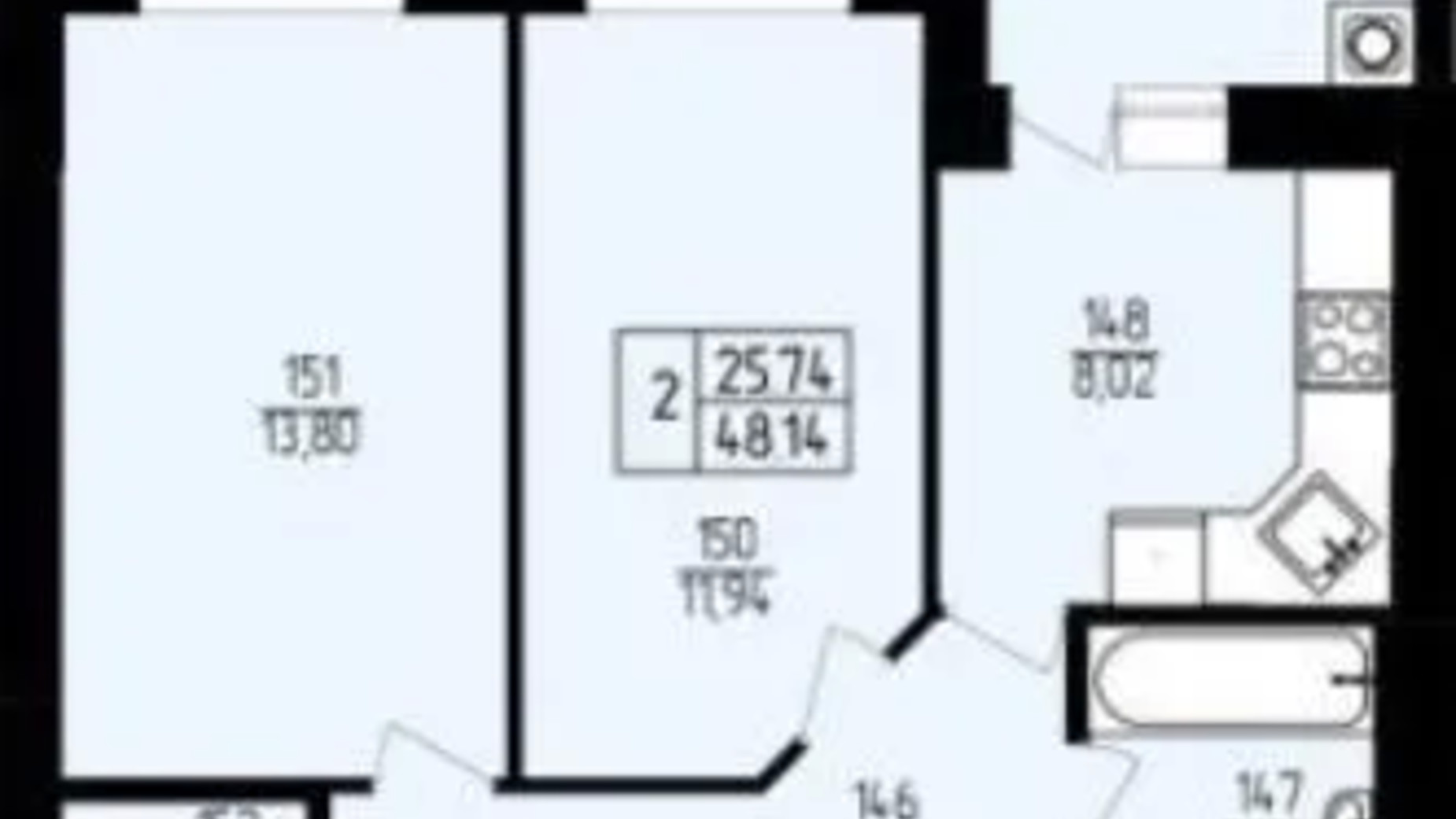 Планировка 2-комнатной квартиры в ЖК Амстердам 48.14 м², фото 684365