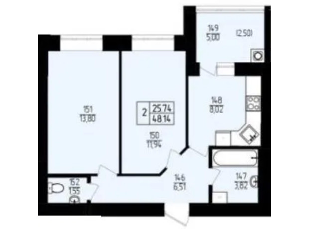 ЖК Амстердам: планировка 2-комнатной квартиры 48.14 м²