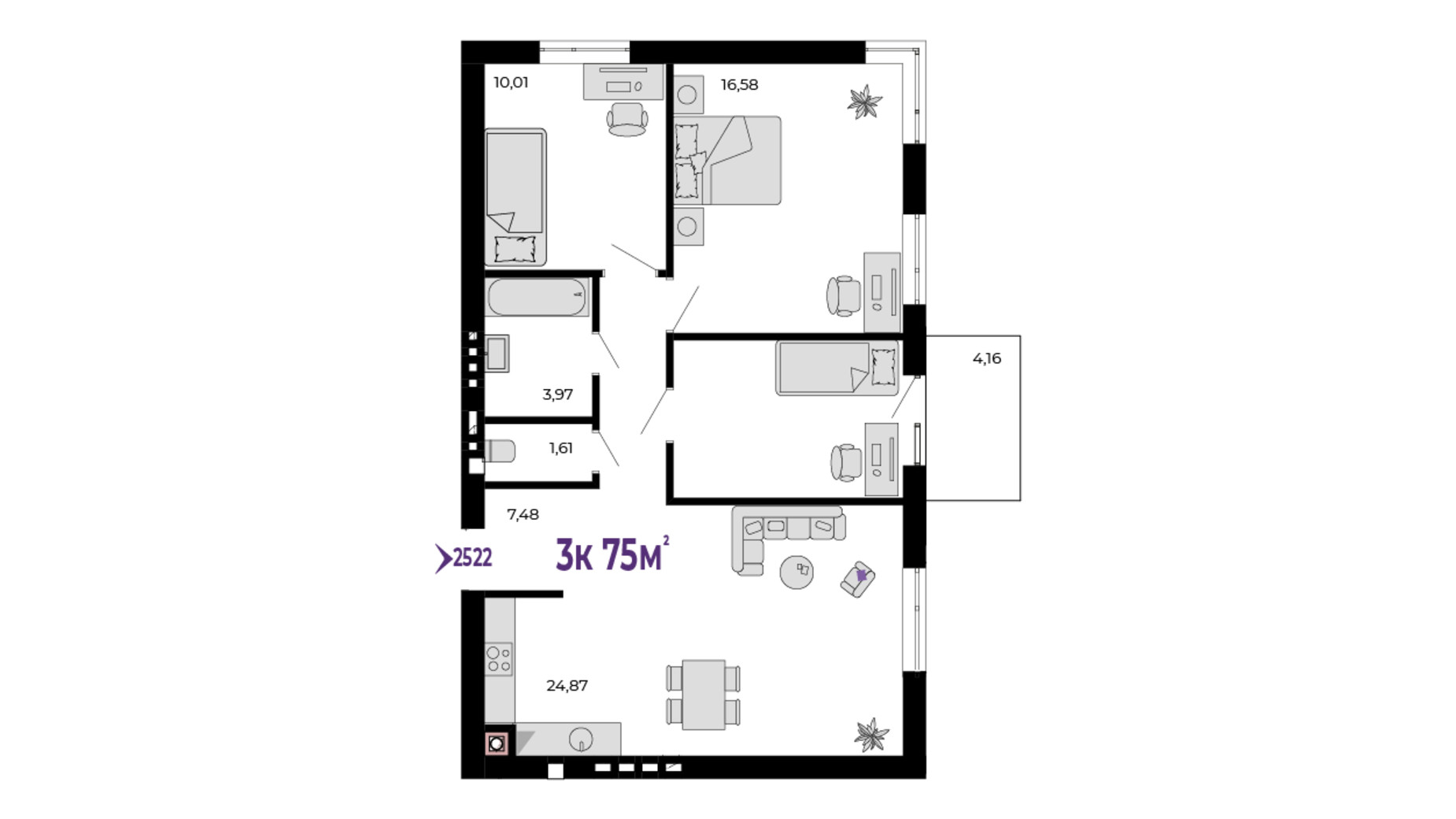 Планування 3-кімнатної квартири в ЖК Долішній 73 м², фото 684529