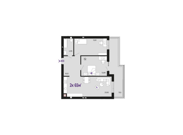 ЖК Долішній: планировка 2-комнатной квартиры 65 м²