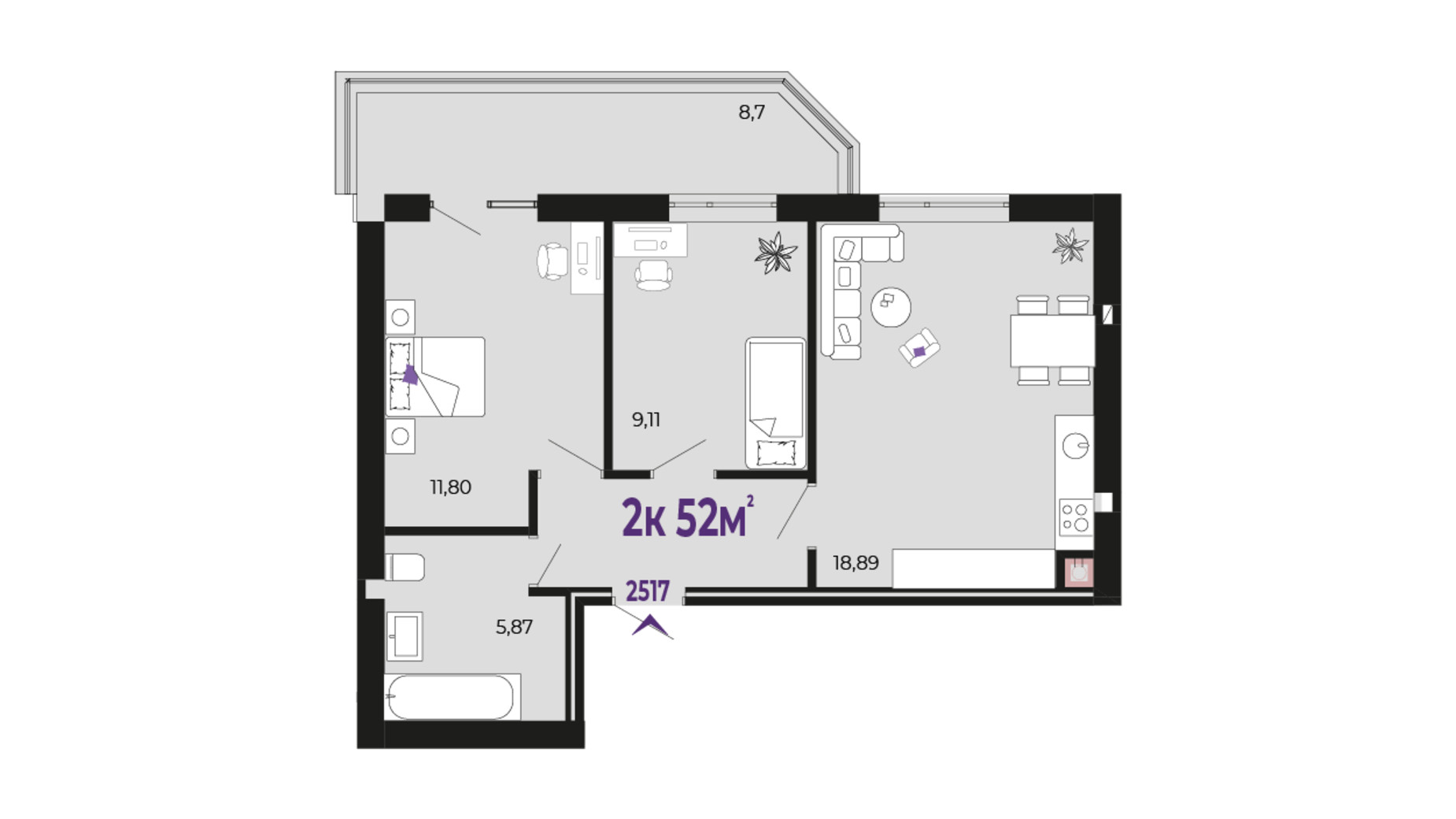 Планування 2-кімнатної квартири в ЖК Долішній 52 м², фото 684534
