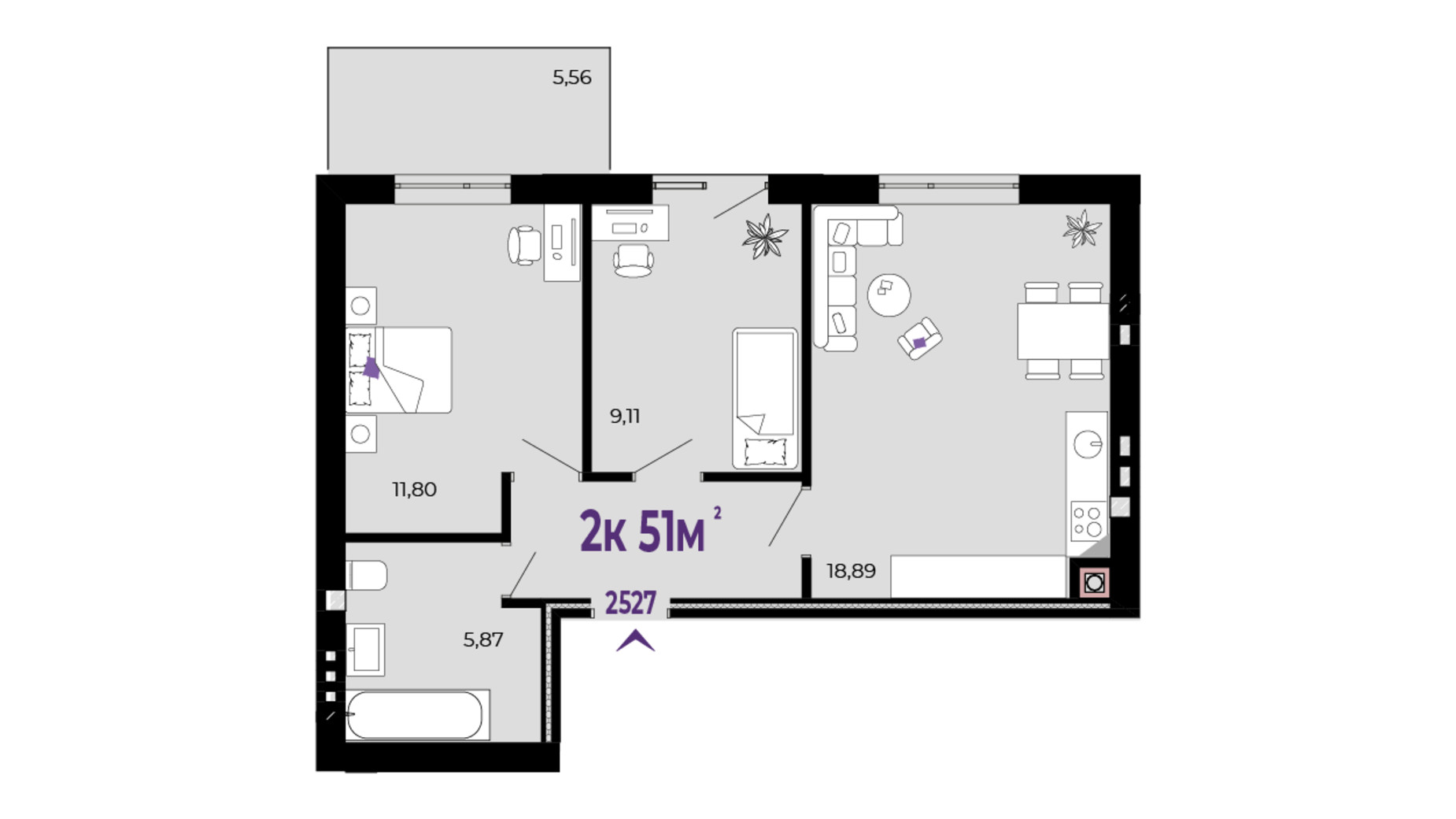 Планування 2-кімнатної квартири в ЖК Долішній 51 м², фото 684539