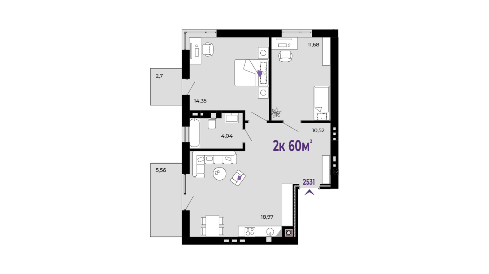 Планування 2-кімнатної квартири в ЖК Долішній 60 м², фото 684540