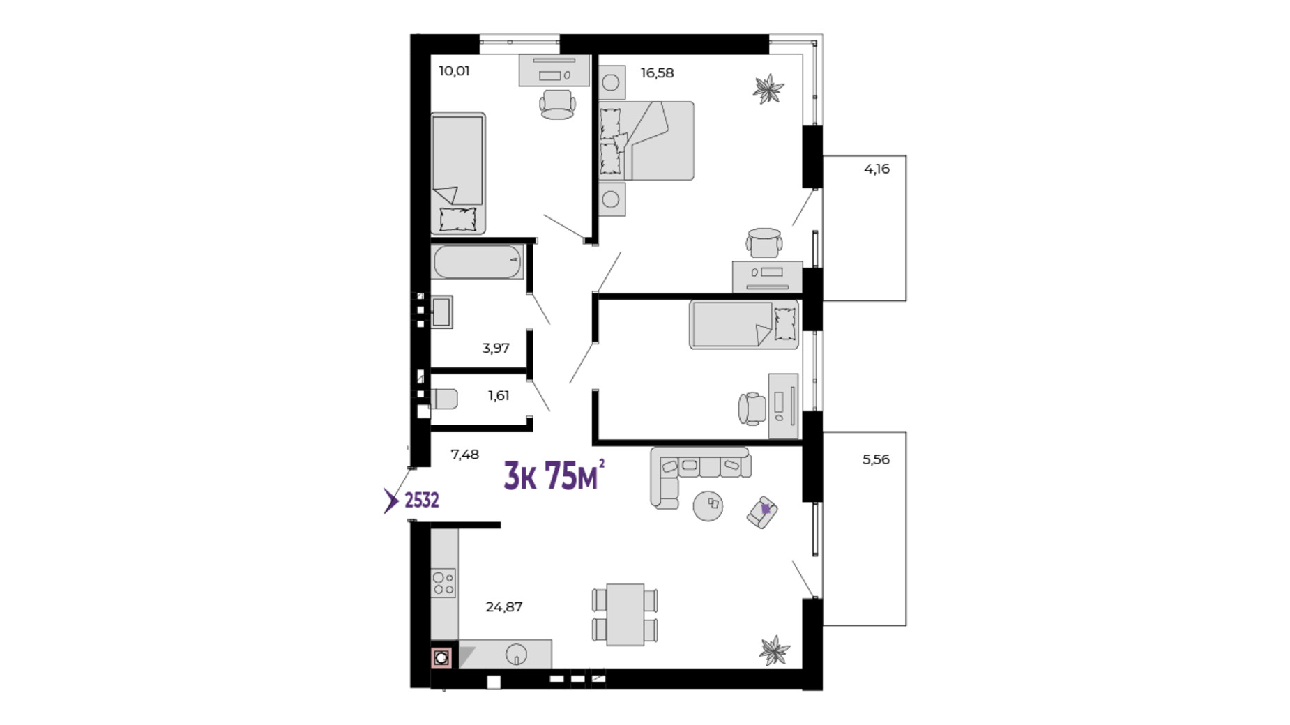 Планування 3-кімнатної квартири в ЖК Долішній 75 м², фото 684542