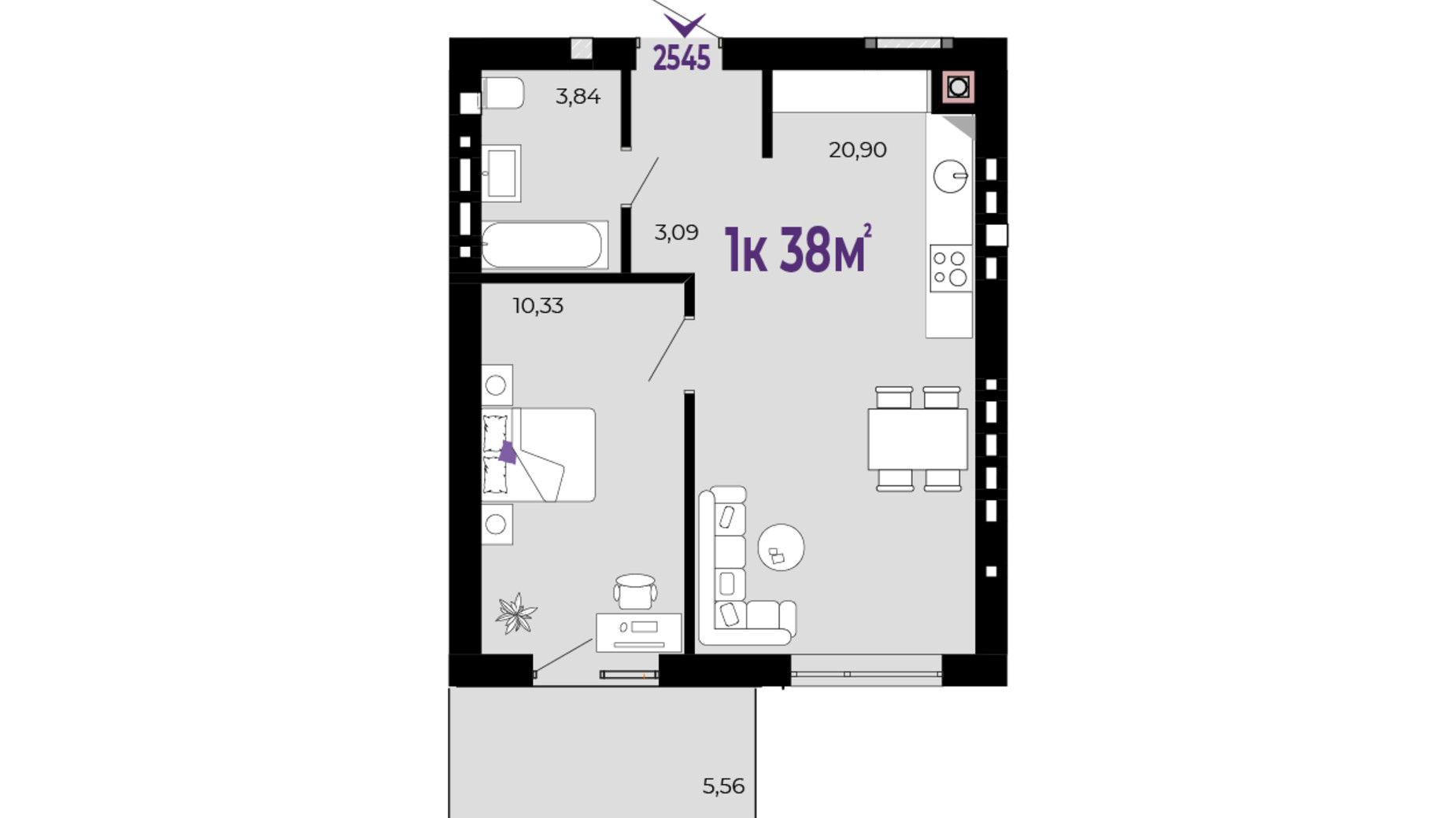 Планування 1-кімнатної квартири в ЖК Долішній 38 м², фото 684549