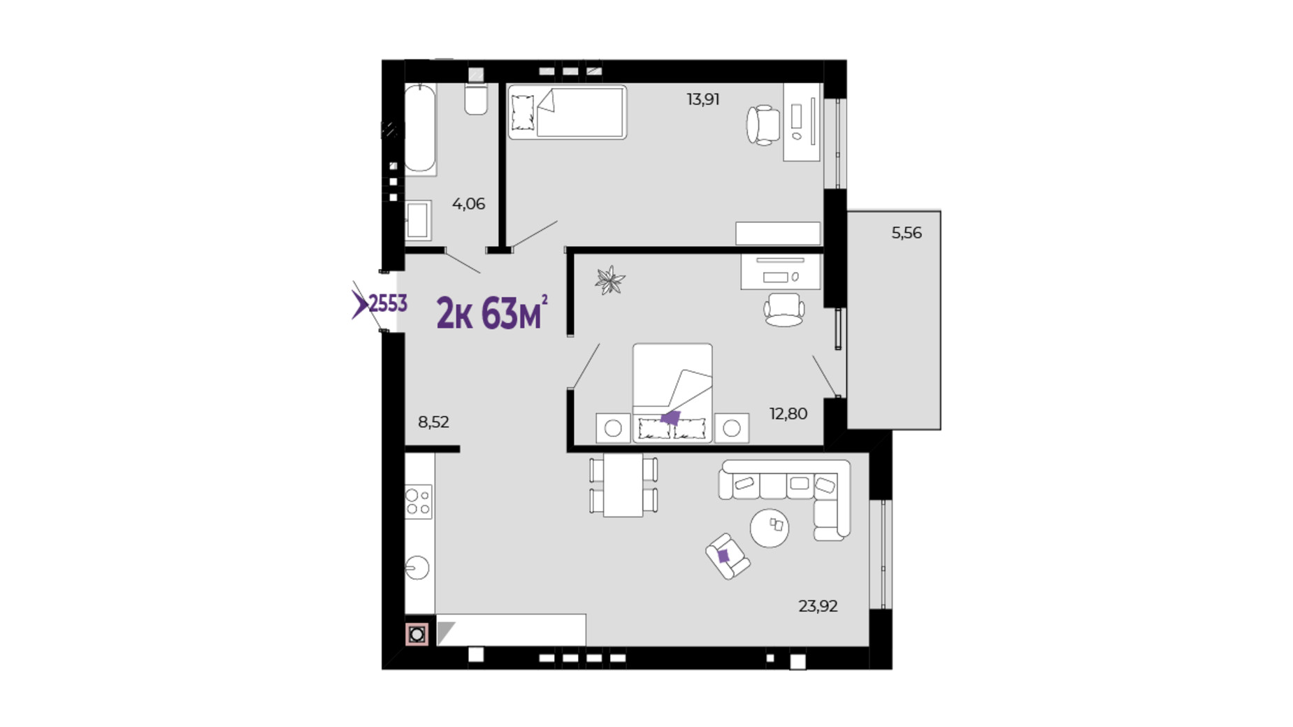 Планировка 2-комнатной квартиры в ЖК Долішній 63 м², фото 684553