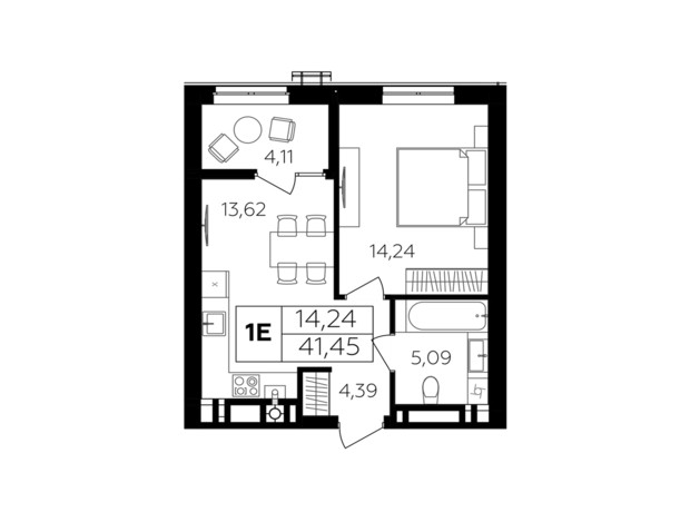 ЖК Семейный комфорт-2: планировка 1-комнатной квартиры 41.45 м²