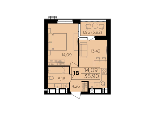 ЖК Семейный комфорт-2: планировка 1-комнатной квартиры 38.9 м²