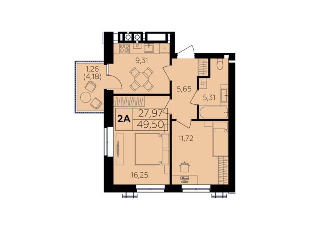 ЖК Сімейний комфорт-2: планування 2-кімнатної квартири 49.5 м²