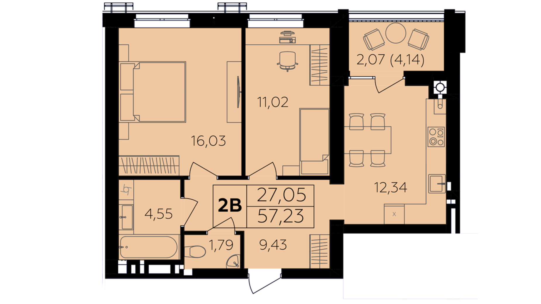 Планування 2-кімнатної квартири в ЖК Сімейний Comfort 2 57.23 м², фото 684645