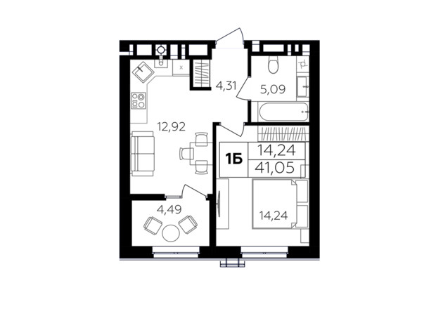 ЖК Сімейний комфорт-2: планування 1-кімнатної квартири 41.05 м²