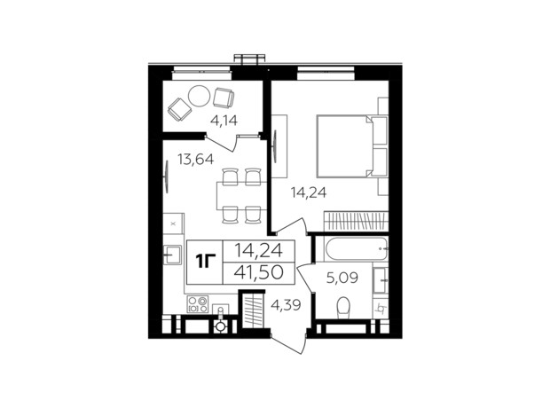 ЖК Семейный комфорт-2: планировка 1-комнатной квартиры 41.5 м²