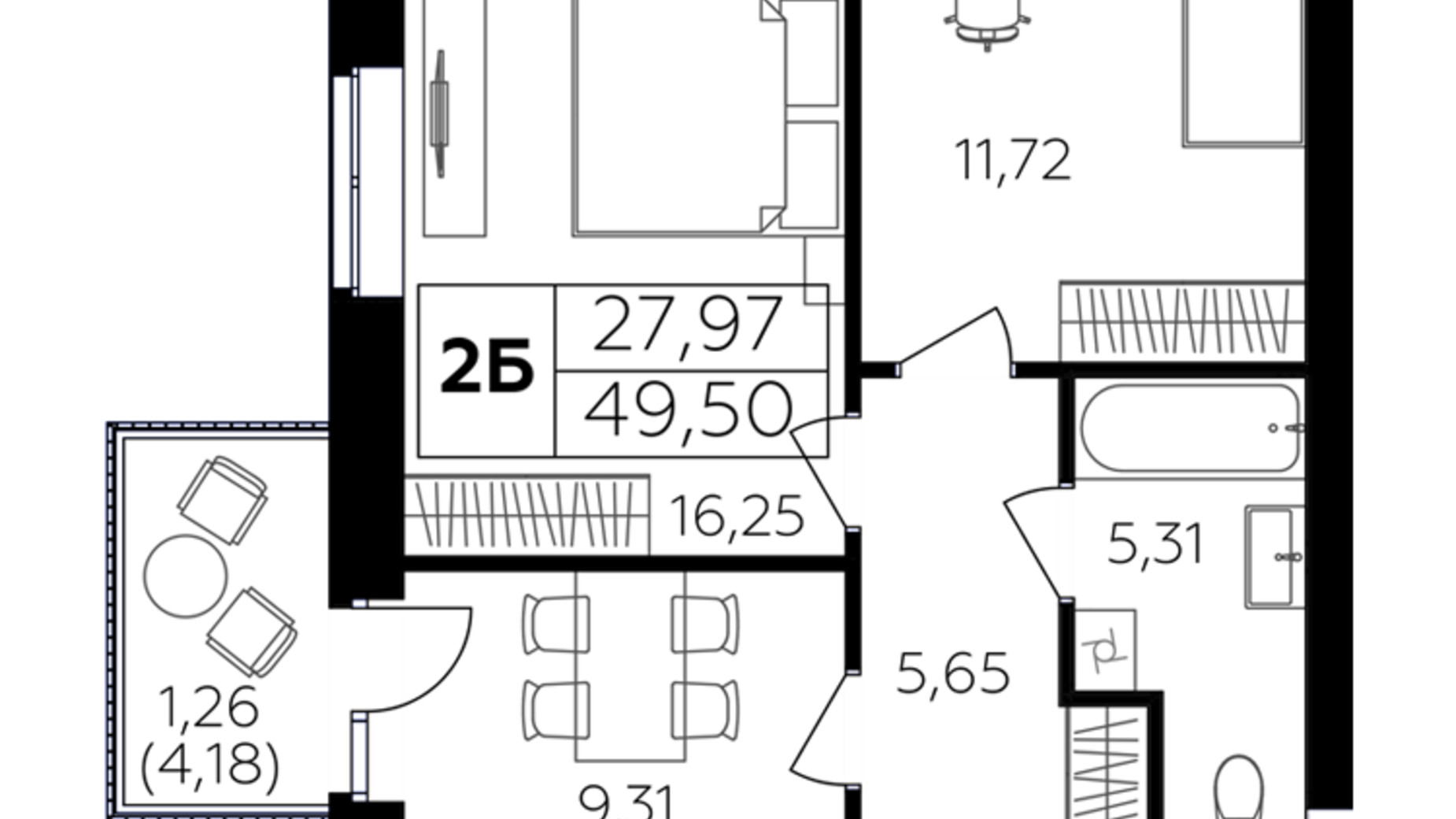 Планування 2-кімнатної квартири в ЖК Сімейний Comfort 2 49.5 м², фото 684648