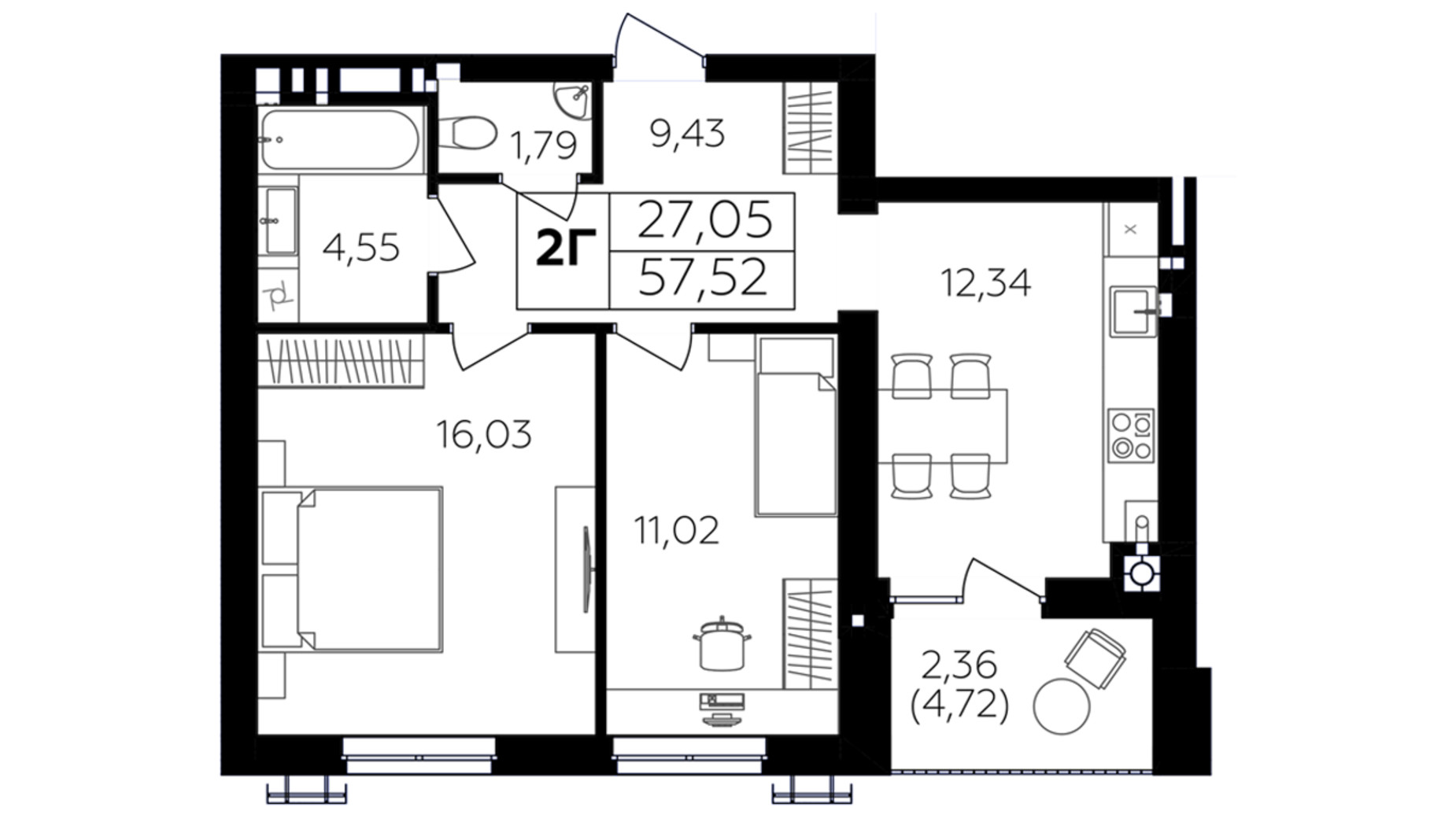 Планировка 2-комнатной квартиры в ЖК Семейный Comfort 2 57.52 м², фото 684649