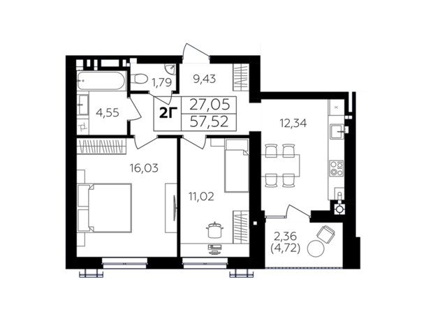 ЖК Сімейний комфорт-2: планування 2-кімнатної квартири 57.52 м²