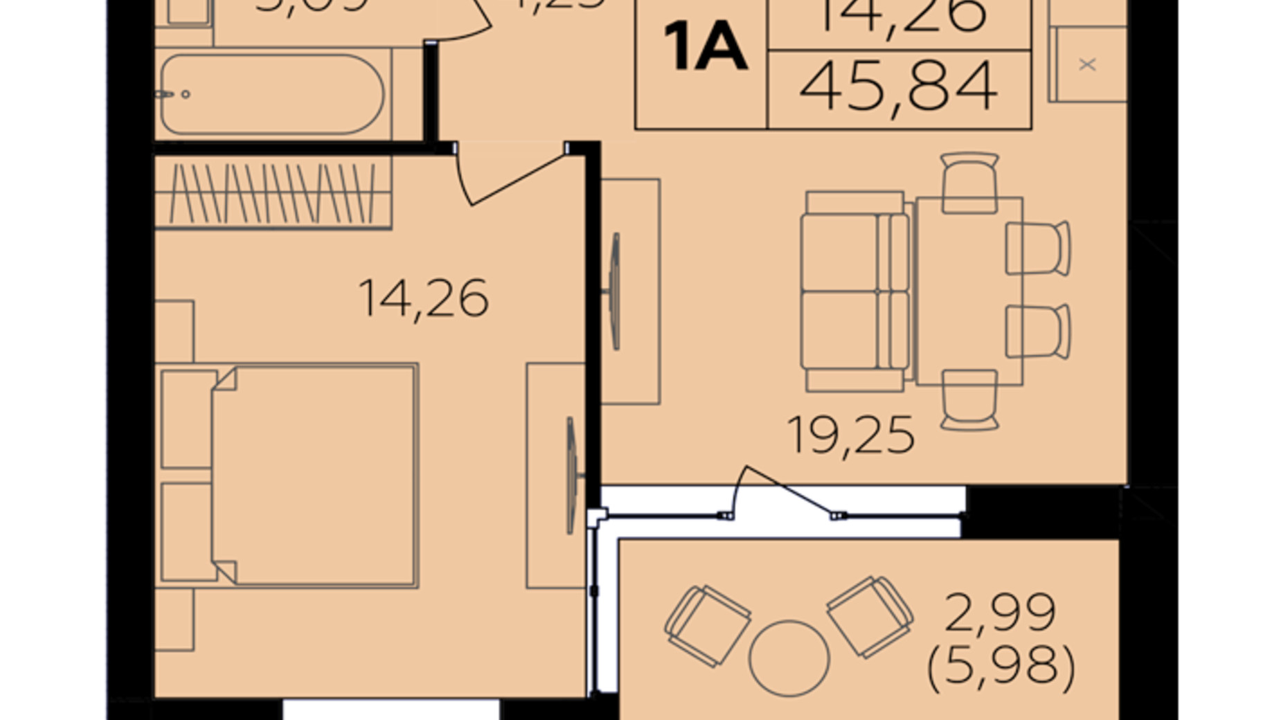 Планування 1-кімнатної квартири в ЖК Сімейний Comfort 2 45.84 м², фото 684650