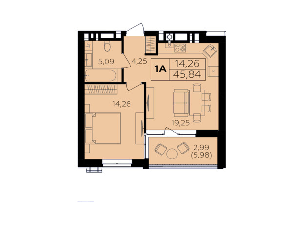 ЖК Семейный комфорт-2: планировка 1-комнатной квартиры 45.84 м²