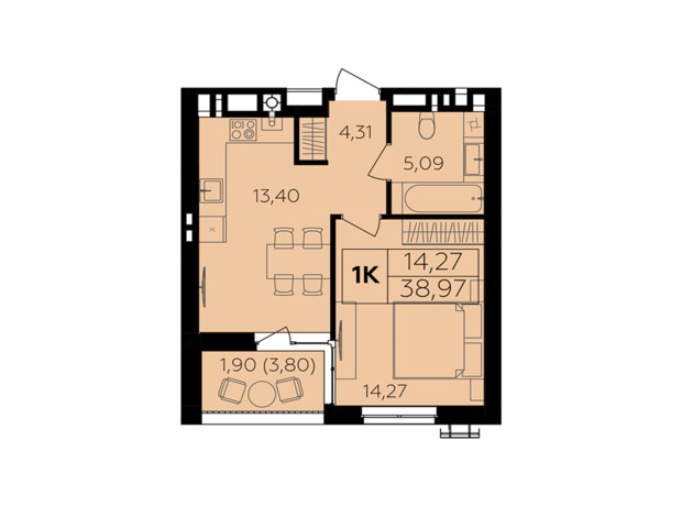 ЖК Сімейний комфорт-2: планування 1-кімнатної квартири 38.97 м²