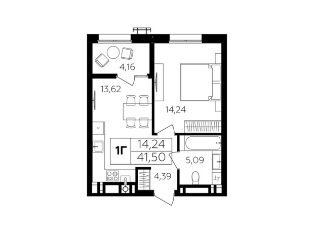 ЖК Сімейний комфорт-2: планування 1-кімнатної квартири 41.5 м²