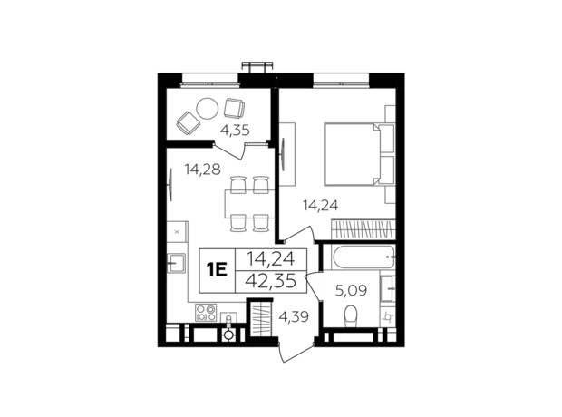 ЖК Семейный комфорт-2: планировка 1-комнатной квартиры 42.35 м²