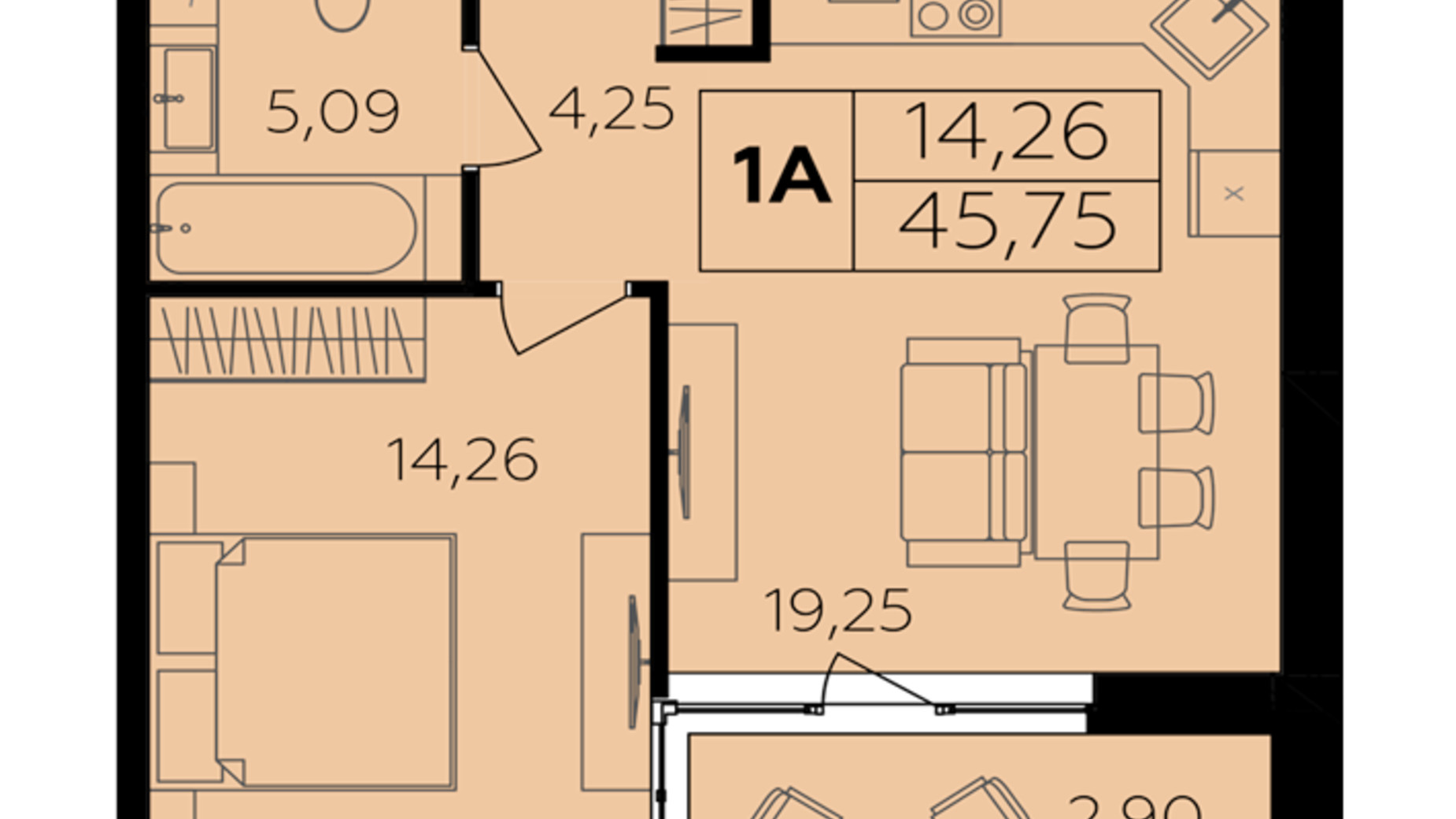 Планировка 1-комнатной квартиры в ЖК Семейный Comfort 2 45.75 м², фото 684654