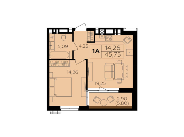 ЖК Семейный комфорт-2: планировка 1-комнатной квартиры 45.75 м²