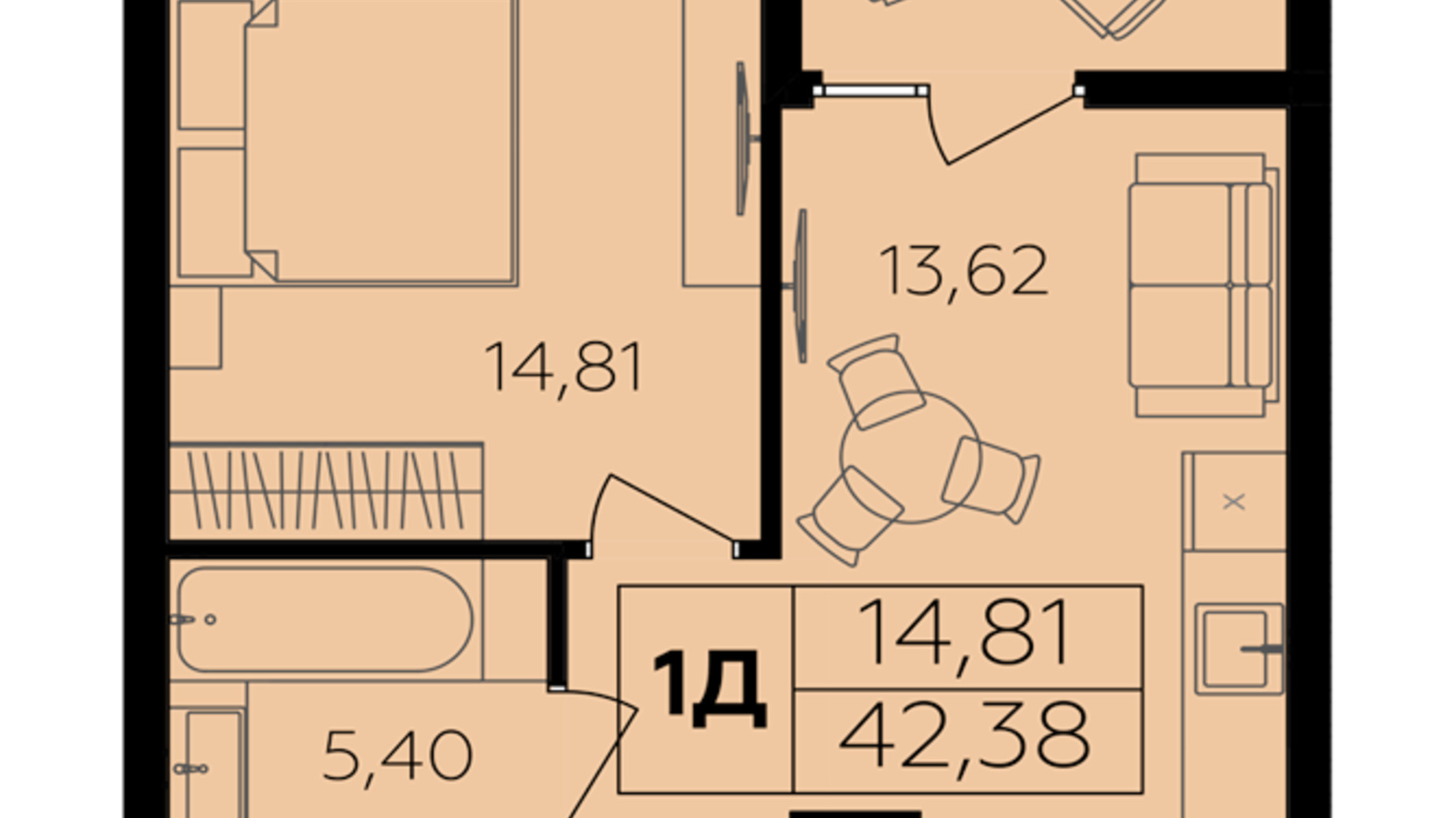 Планування 1-кімнатної квартири в ЖК Сімейний Comfort 2 42.38 м², фото 684655