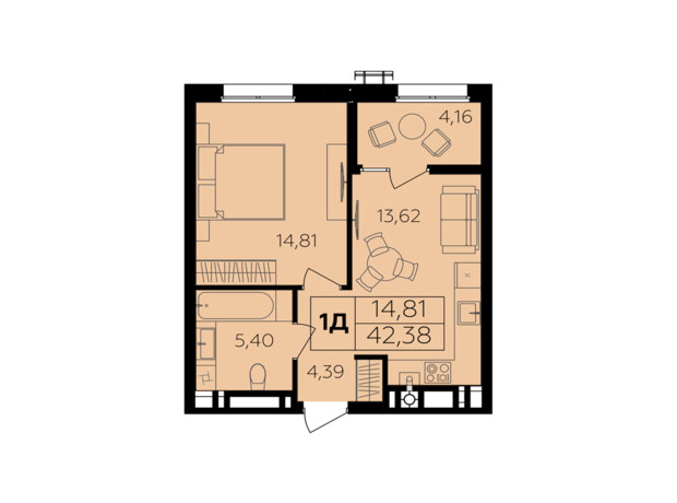 ЖК Семейный комфорт-2: планировка 1-комнатной квартиры 42.38 м²