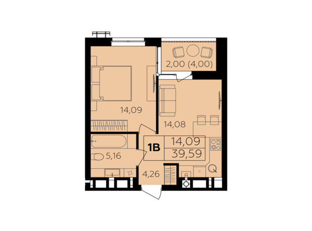 ЖК Сімейний комфорт-2: планування 1-кімнатної квартири 39.59 м²