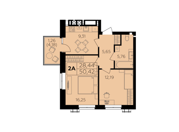 ЖК Сімейний комфорт-2: планування 2-кімнатної квартири 50.42 м²