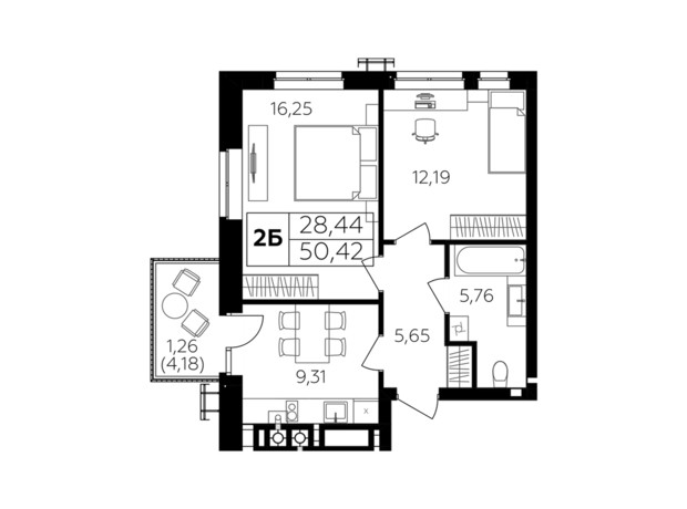 ЖК Сімейний комфорт-2: планування 2-кімнатної квартири 50.42 м²