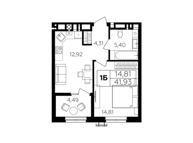 ЖК Семейный комфорт-2: планировка 1-комнатной квартиры 41.93 м²