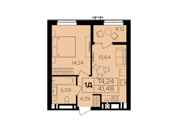 ЖК Семейный комфорт-2: планировка 1-комнатной квартиры 41.48 м²