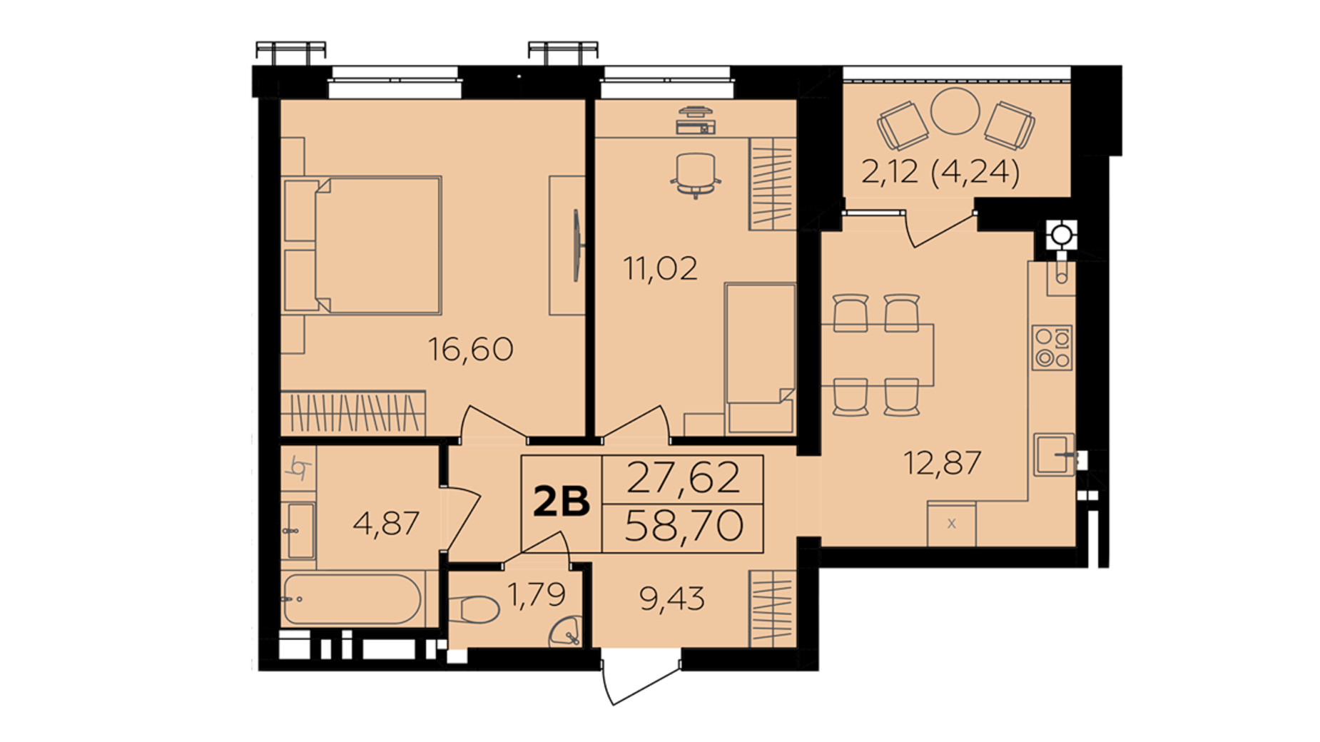 Планування 2-кімнатної квартири в ЖК Сімейний Comfort 2 58.7 м², фото 684661