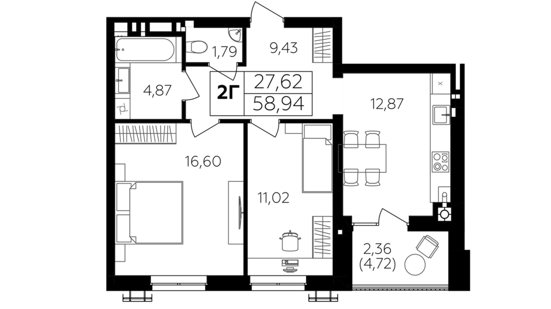 Планування 2-кімнатної квартири в ЖК Сімейний Comfort 2 58.94 м², фото 684662