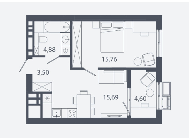 ЖК Шелест: планировка 1-комнатной квартиры 44.43 м²