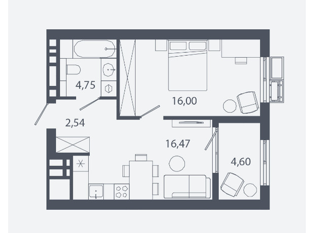 ЖК Шелест: планировка 1-комнатной квартиры 44.36 м²