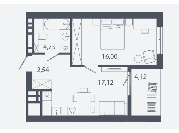 ЖК Шелест: планировка 1-комнатной квартиры 42.39 м²