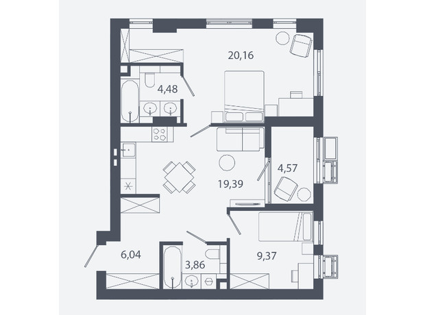 ЖК Шелест: планування 2-кімнатної квартири 67.87 м²