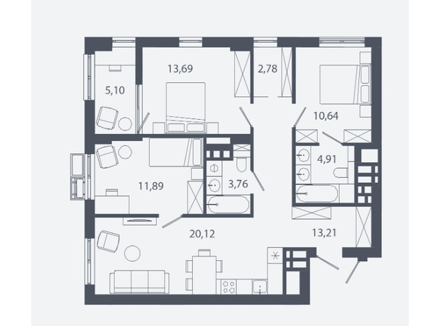 ЖК Шелест: планировка 3-комнатной квартиры 86.01 м²