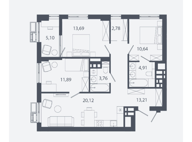 ЖК Шелест: планировка 3-комнатной квартиры 86.1 м²